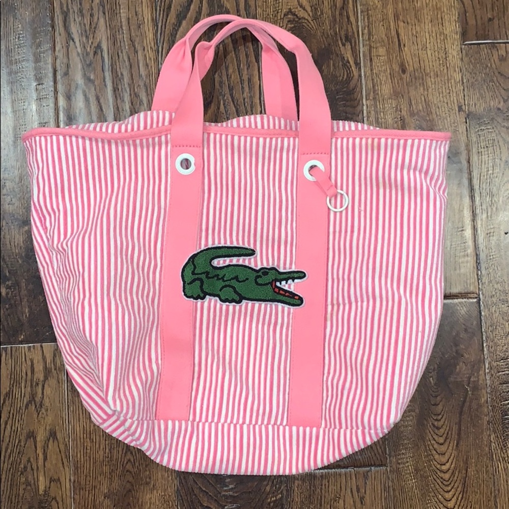- LACOSTE STRIPE PINK AND WHITE LOGO TOTE BAG
